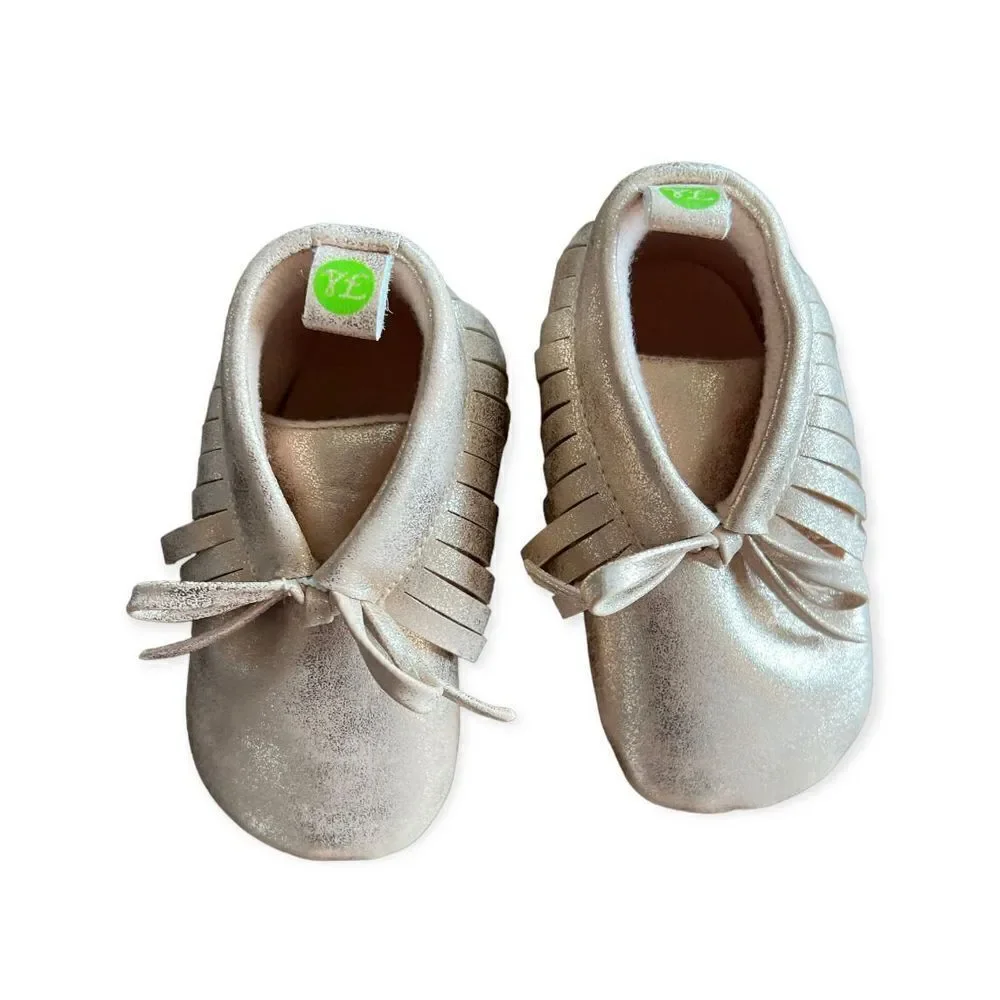 Baby Girls Rose Gold Golden Moccasins Crib Soft Sole Crib Shoes - Sz 3